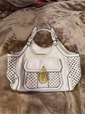 Cole Haan White Woven Shoulder Bag with Gold-Tone Lock